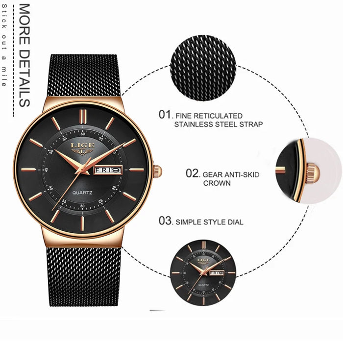 Ultra-thin Calendar Week Quartz Watch Ladies Mesh Stainless Steel Waterproof