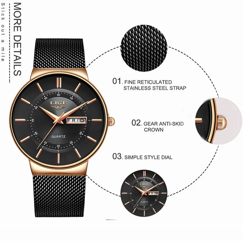 Ultra-thin Calendar Week Quartz Watch Ladies Mesh Stainless Steel Waterproof