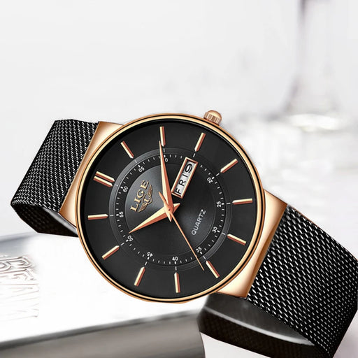 Ultra-thin Calendar Week Quartz Watch Ladies Mesh Stainless Steel Waterproof