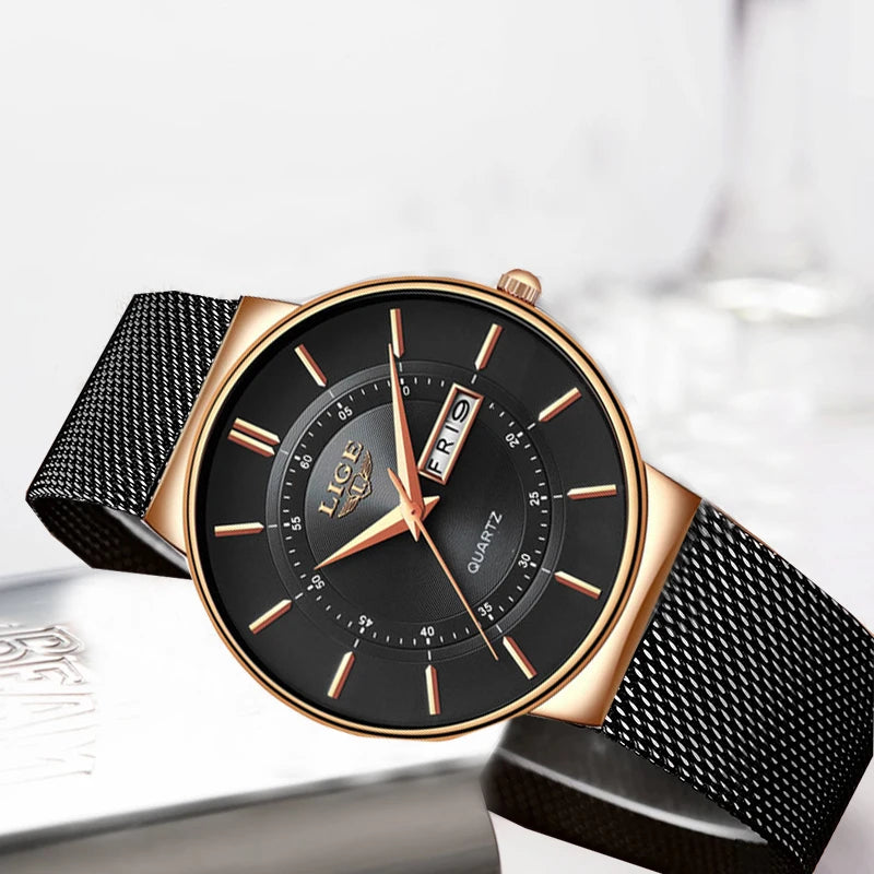 Ultra-thin Calendar Week Quartz Watch Ladies Mesh Stainless Steel Waterproof