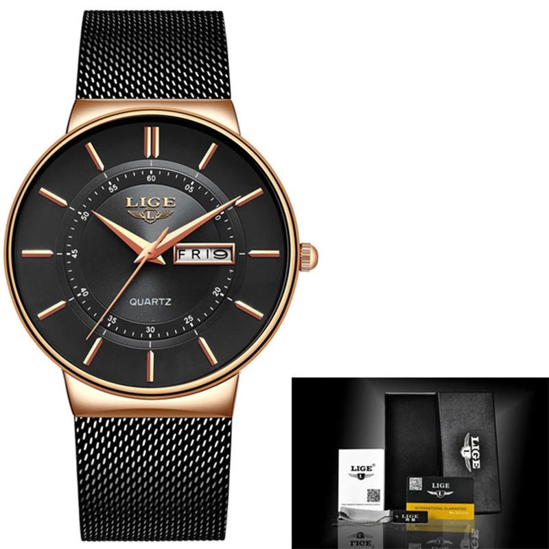 Ultra-thin Calendar Week Quartz Watch Ladies Mesh Stainless Steel Waterproof