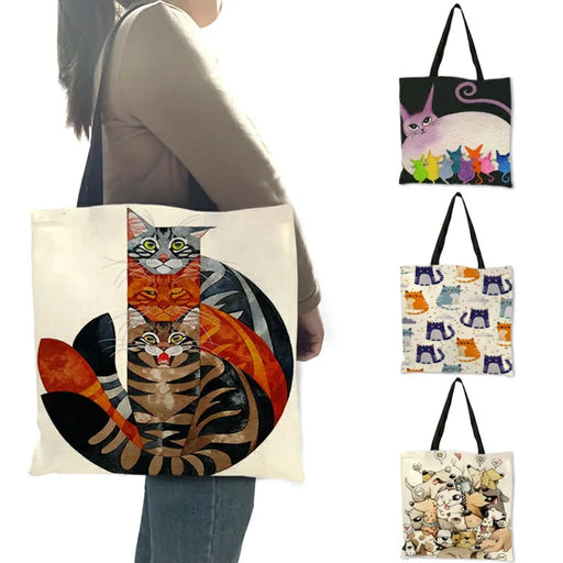 Women Travel Practical Shoulder Bag Cartoon Lovely Cat Printed Durable Linen Tote Bag for Marketing Girls Casual School Handbag