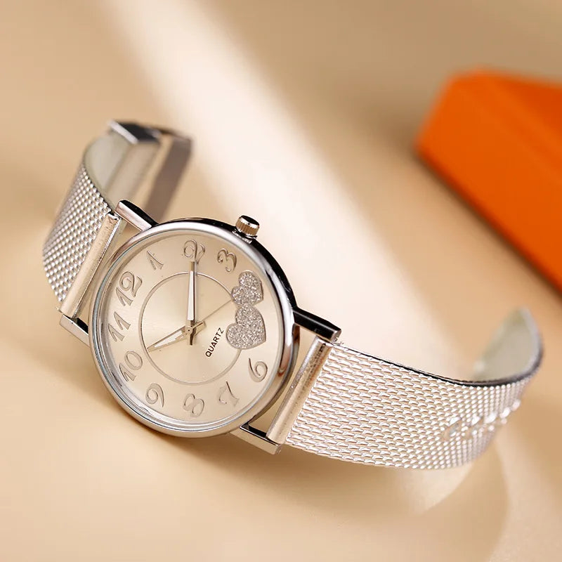 Top Fashion Women Watches Ladies Watch Silver Heart Dial Silicone Mesh Belt Wrist Watch Reloj Mujer Montre Femme Women's Watch
