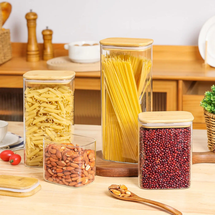 Kitchen Clear Rectangle Storage Jars with Bamboo Lids