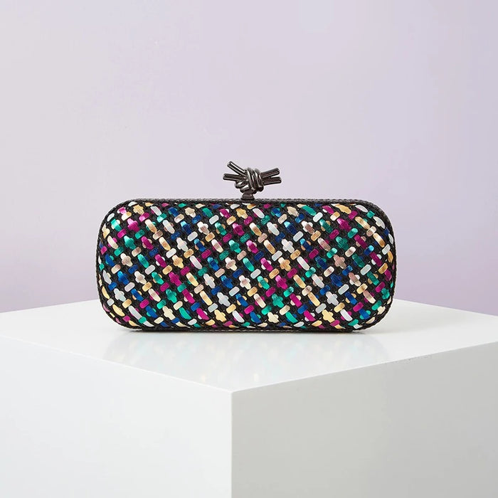 Gold Evening Clutch Bag for Women Leather and Bright Line Woven Purse Elegant Ladies Metal Knot Party Handbag Bolsas Femininas