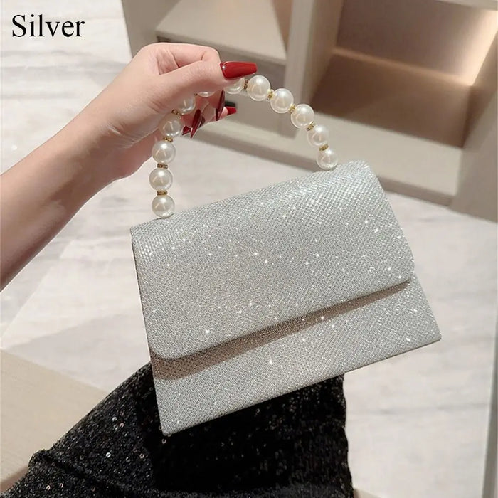 Gold Bright Silk Evening Bag Women Elegant Banquet Clutch Pearl Chain Shoulder Bags Luxury Purse Female Wedding Party Handbags