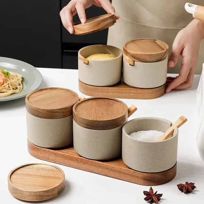 Ceramic Food Storage Jar with Wooden Lid & Spoon