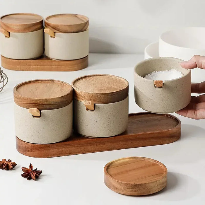 Ceramic Food Storage Jar with Wooden Lid & Spoon
