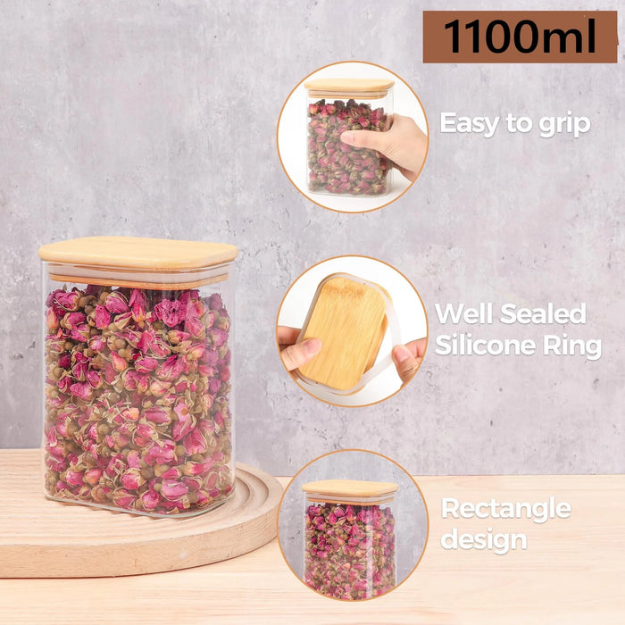 Kitchen Clear Rectangle Storage Jars with Bamboo Lids