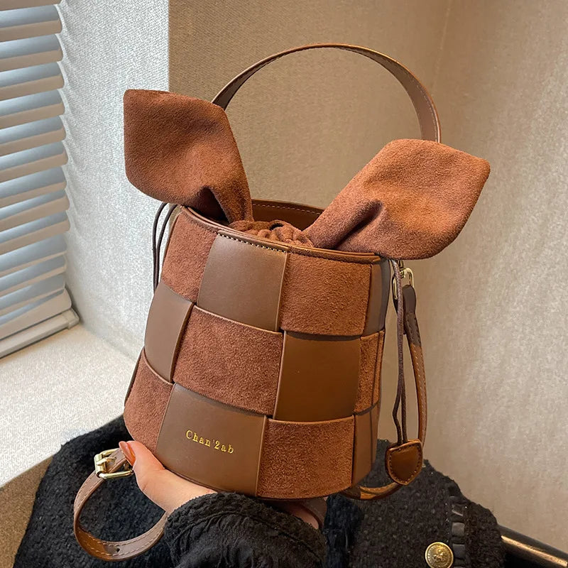 Women's Pail Bag 2023 New Bow Party Cross-body Bag Frosted Woven Portable Bucket Bag 3D Handbag Lovely Chocolate Cylindrical Bag