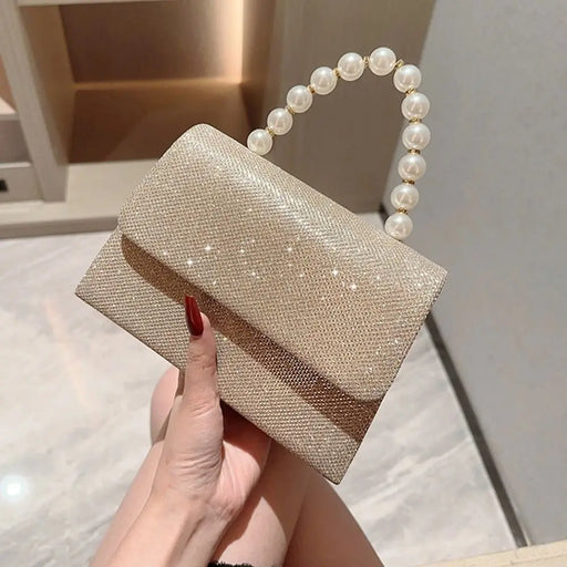 Gold Bright Silk Evening Bag Women Elegant Banquet Clutch Pearl Chain Shoulder Bags Luxury Purse Female Wedding Party Handbags