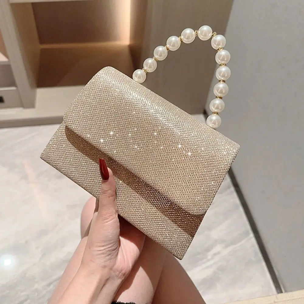 Gold Bright Silk Evening Bag Women Elegant Banquet Clutch Pearl Chain Shoulder Bags Luxury Purse Female Wedding Party Handbags