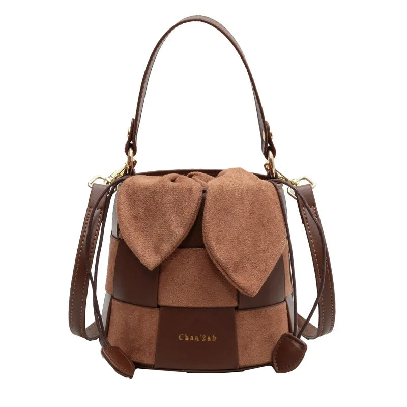 Women's Pail Bag 2023 New Bow Party Cross-body Bag Frosted Woven Portable Bucket Bag 3D Handbag Lovely Chocolate Cylindrical Bag