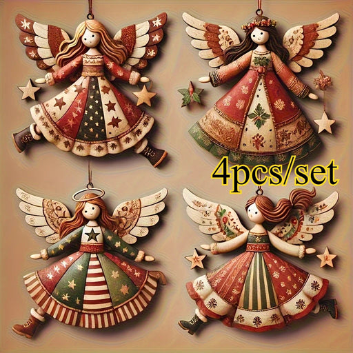 4pcs Handmade Vintage Wooden Angel Christmas Ornaments