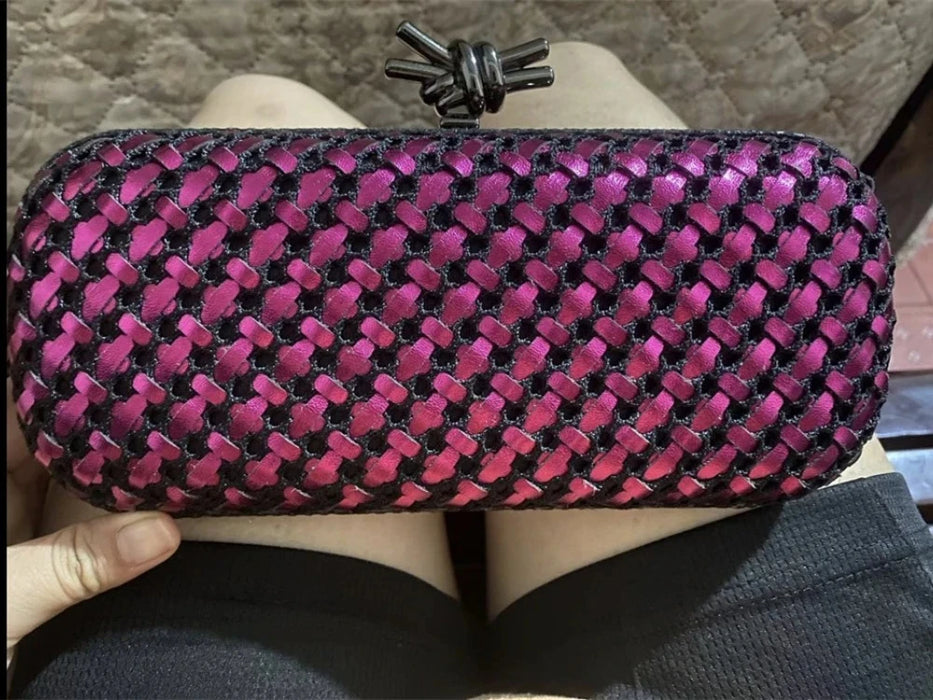 Gold Evening Clutch Bag for Women Leather and Bright Line Woven Purse Elegant Ladies Metal Knot Party Handbag Bolsas Femininas