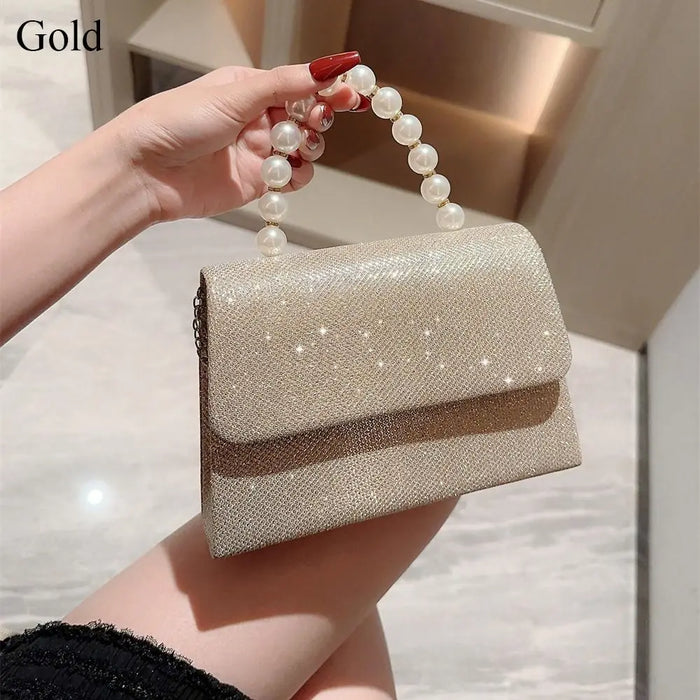 Gold Bright Silk Evening Bag Women Elegant Banquet Clutch Pearl Chain Shoulder Bags Luxury Purse Female Wedding Party Handbags