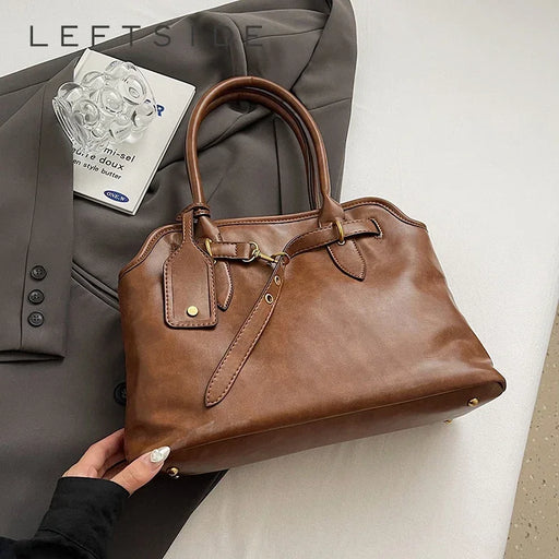 LEFTSIDE PU Leather Retro Tote Bag for Women 2025 Winter Trend New Fashion Y2K Handbags Females Travel Shoulder Crossbody Bags