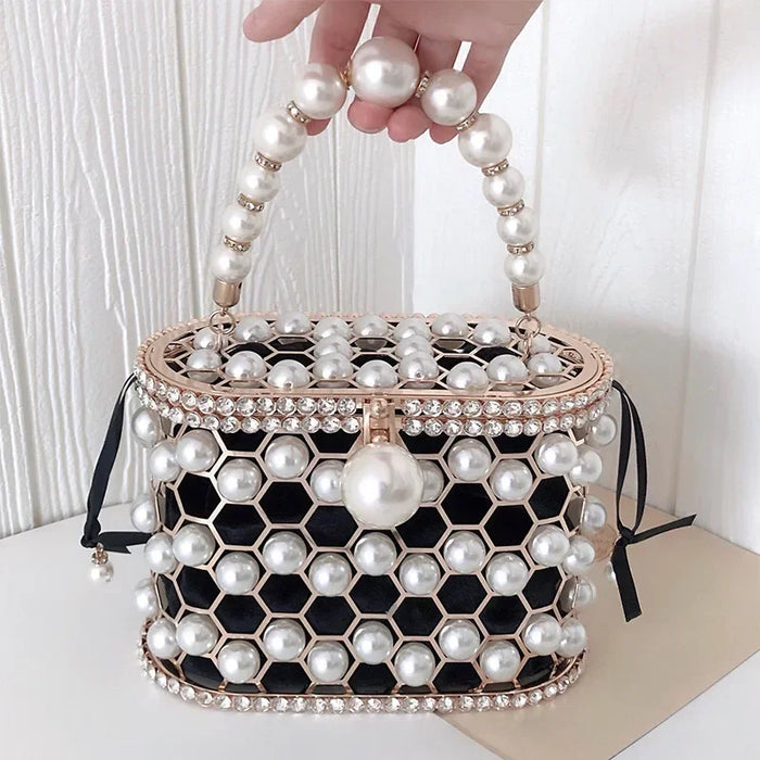 Clutch Purse Luxury for Women Pearl Crossbody Bag Metallic Diamond Handbag Evening Bag Large Capacity Women's Purse Wedding Bag