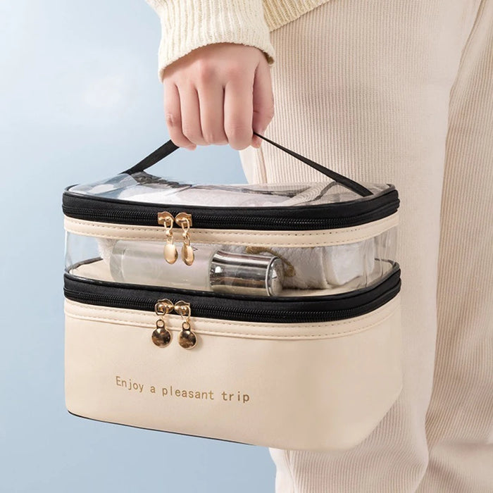 Double Layer Transparent PU Makeup Bag Travel Multifunctional Toiletry Bag Portable Storage Case Large Capacity Zip Organizer