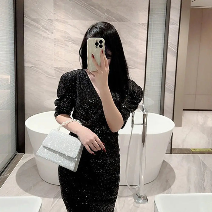 Gold Bright Silk Evening Bag Women Elegant Banquet Clutch Pearl Chain Shoulder Bags Luxury Purse Female Wedding Party Handbags