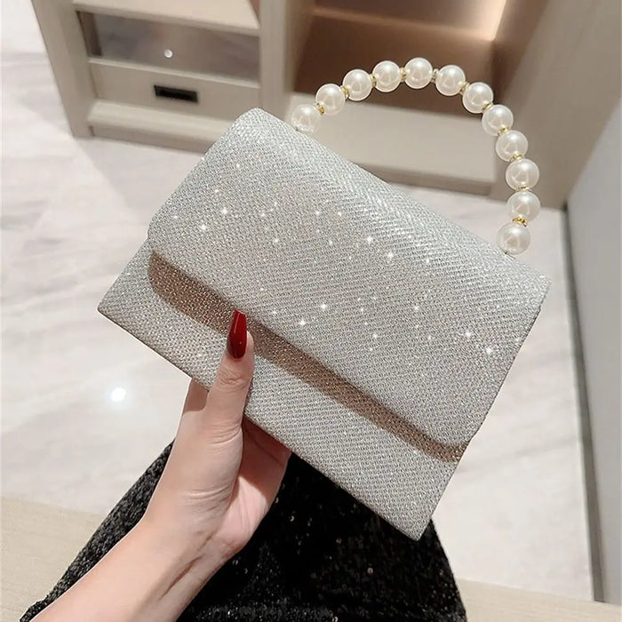 Gold Bright Silk Evening Bag Women Elegant Banquet Clutch Pearl Chain Shoulder Bags Luxury Purse Female Wedding Party Handbags