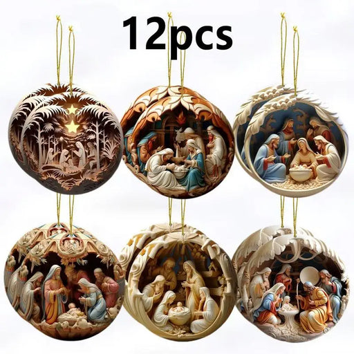 12x Wooden Nativity Scene Ornaments