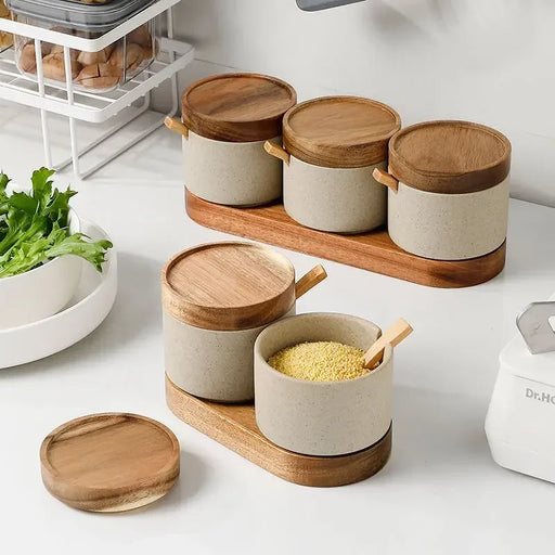 Ceramic Food Storage Jar with Wooden Lid & Spoon