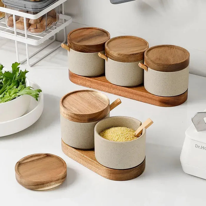 Ceramic Food Storage Jar with Wooden Lid & Spoon
