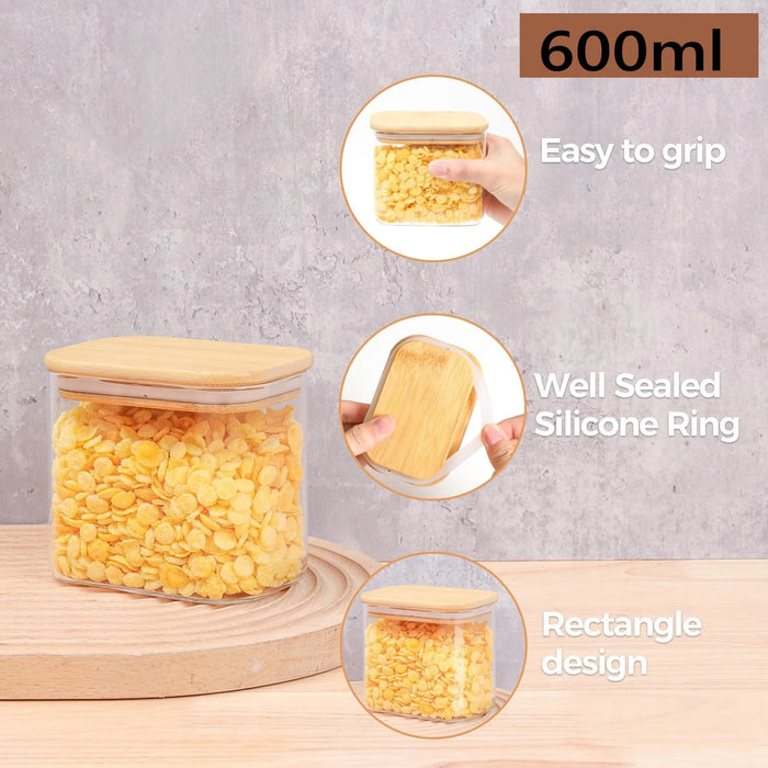 Kitchen Clear Rectangle Storage Jars with Bamboo Lids
