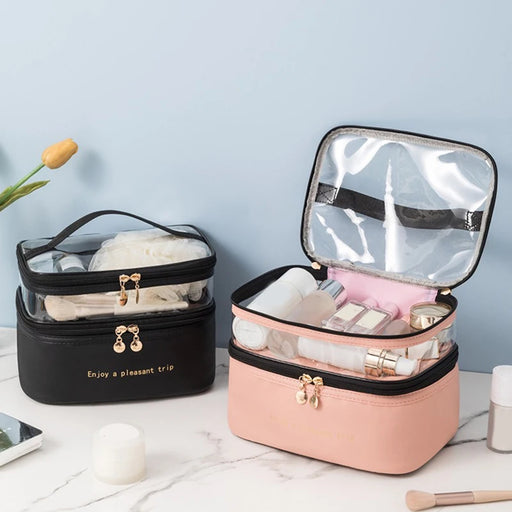 Double Layer Transparent PU Makeup Bag Travel Multifunctional Toiletry Bag Portable Storage Case Large Capacity Zip Organizer