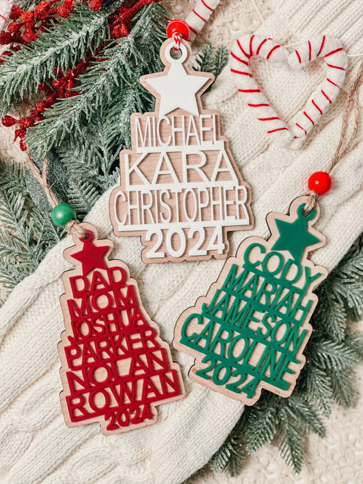 Personalized Stacked Christmas Tree Family Ornament.