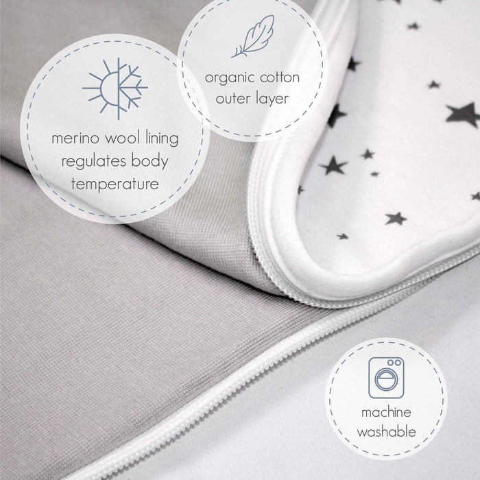 4 Season Ultimate Baby Sleeping Bag - Merino Wool and Organic Cotton - Universal Size Adjustable Sleep Sack for Baby - Two-Way Zipper Sleeping Bag (2-24 Months) - Night Sky