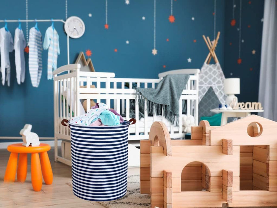 2Pack Kids Laundry Hamper,Boys Laundry Basket,Collapsible Bule Storage Basket with Waterproof PE Coating,Canvas Fabric Nursery Hamper for Kids Room Decor,Toy Storage,Gift,Baby Clothing.(2Pack Navy Blue Stripes)