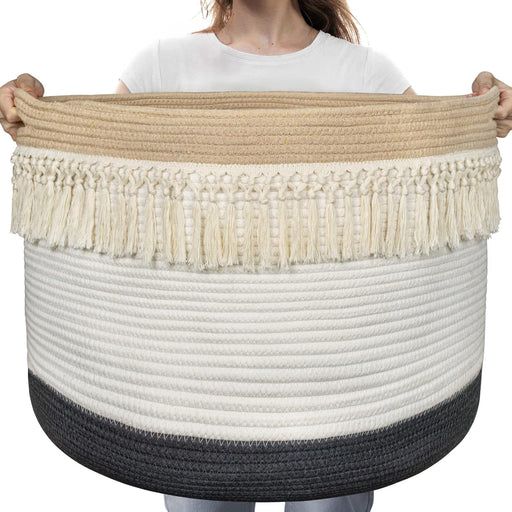 Xxxlarge 22"X22"X15" Rope Boho Basket Woven Laundry Basket for Blankets Storage Basket with Handle Comforter Cushions Storage Bins Thread Laundry Hamper-Brown White Gray 93 Liters