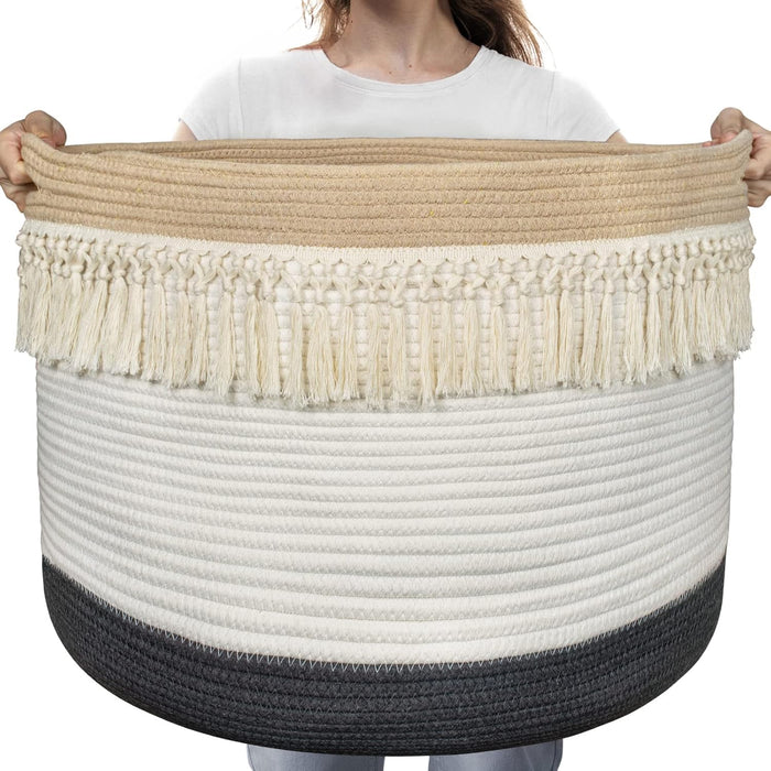 Xxxlarge 22"X22"X15" Rope Boho Basket Woven Laundry Basket for Blankets Storage Basket with Handle Comforter Cushions Storage Bins Thread Laundry Hamper-Brown White Gray 93 Liters