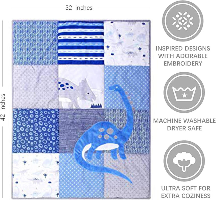 3 Piece Baby Crib Bedding Set, Dinosaur Standard Size Crib Set, Nursery Bedding for Boys, Crib Sheet, Comforter, Crib Skirt, 28" X 52", Blue/Grey