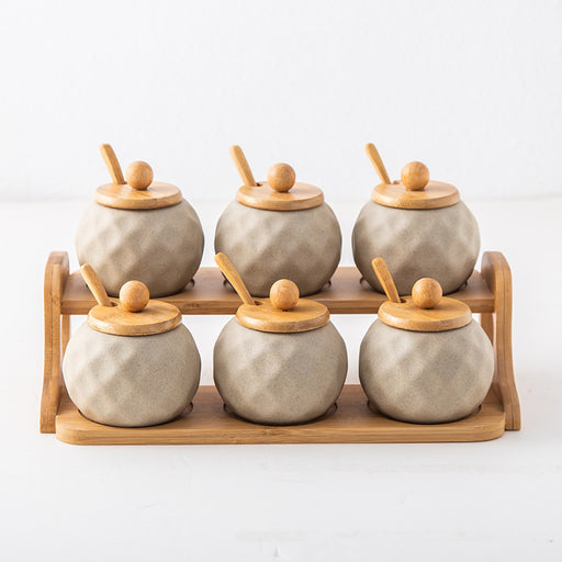 Ceramic Double-Layer Seasoning Jar Set with Bamboo Rack