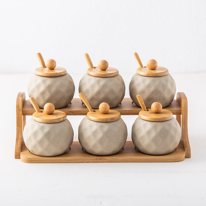 Ceramic Double-Layer Seasoning Jar Set with Bamboo Rack