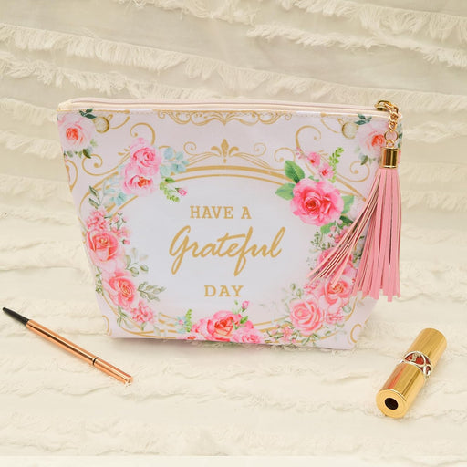 Makeup Pouch for Women Girls Canvas Travel Cosmetic Pouch Inspirational Floral Makeup Bags with Zipper and Tassels(White Flowers)