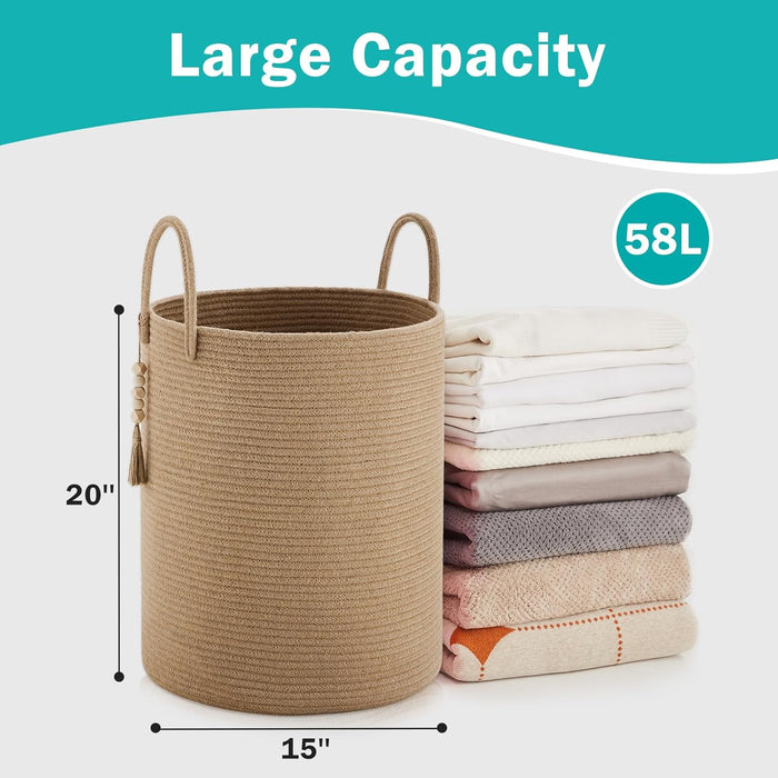 Jute Rope Laundry Hamper Basket, 58L Tall Woven Collapsible Baskets for Blanket Organizing Clothes Hamper for Laundry Bedroom Storage