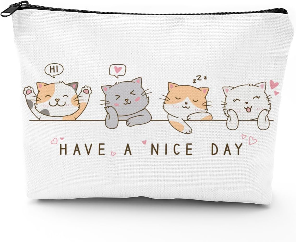 Cat Gifts for Women - Cat Makeup Bag with Zipper for Cat Mom Gifts Cosmetic Bag Cat Gifts for Cat Lovers,White (Cat-03, One Size), ONOGE12