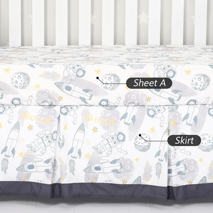 4-Piece Space Theme Crib Bedding Set for Boys, Luxury Nursery Bedding Essential Including 1 Padded Comforter, 1 Crib Skirt and 2 Silky Soft Microfiber Crib Sheets, Standard Size, Black