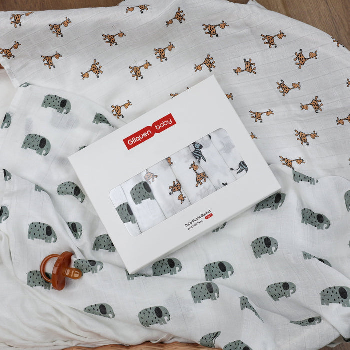 Muslin Swaddle Blankets 6-Pack, Soft Receiving Swaddles, Breathable Unisex for Newborns Infant Boys and Girls, 27 X 27", Elephant and Giraffe