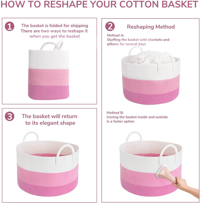 Xxxlarge Pink Woven Rope Basket | Wide 21" X 14" Blanket Storage Basket with Long Handles Decorative Clothes Hamper Basket | Extra Large Baskets for Blankets Stuffed Animal Storage Basket