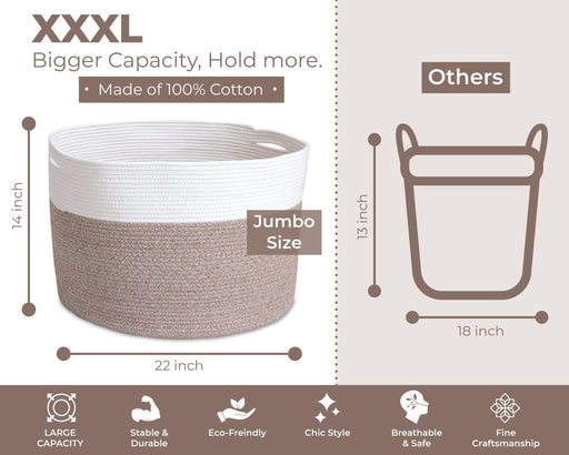 Throw Blanket Basket for Living Room | Xxxlarge Rope Basket for Storage | Large Woven Basket for Storage | Pillow Basket & Blanket Holder for Bedroom | Woven Laundry Hamper Basket - 22" X 14"