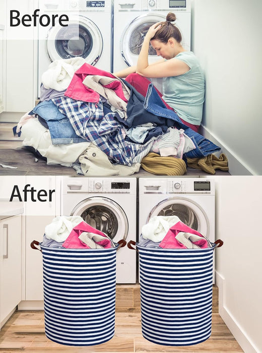 2Pack Kids Laundry Hamper,Boys Laundry Basket,Collapsible Bule Storage Basket with Waterproof PE Coating,Canvas Fabric Nursery Hamper for Kids Room Decor,Toy Storage,Gift,Baby Clothing.(2Pack Navy Blue Stripes)