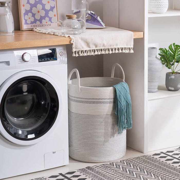 Woven Rope Laundry Hamper Basket, 58L Tall Luandry Basket, Baby Nursery Hamper for Blanket Storage, Clothes Hamper for Laundry in Bedroom-Large-Stripe White
