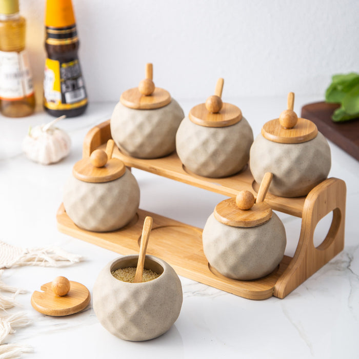 Ceramic Double-Layer Seasoning Jar Set with Bamboo Rack