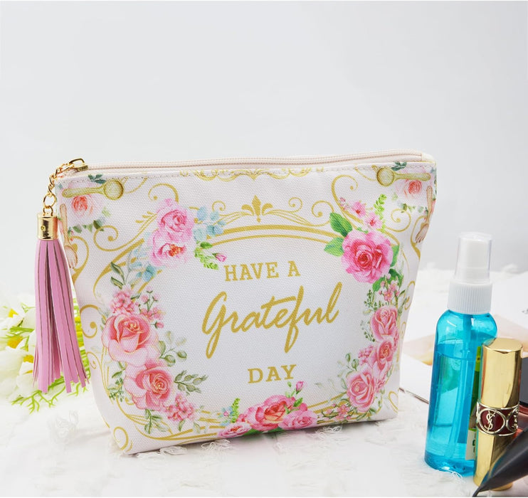 Makeup Pouch for Women Girls Canvas Travel Cosmetic Pouch Inspirational Floral Makeup Bags with Zipper and Tassels(White Flowers)