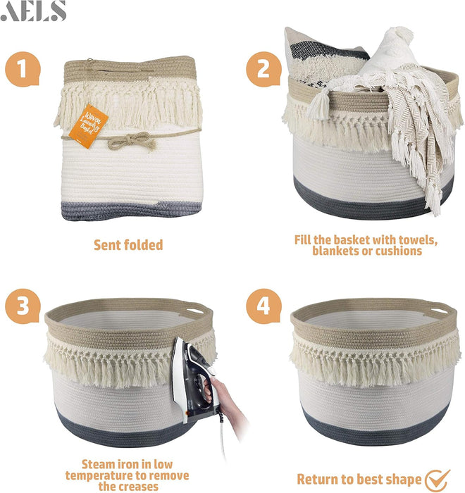 Xxxlarge 22"X22"X15" Rope Boho Basket Woven Laundry Basket for Blankets Storage Basket with Handle Comforter Cushions Storage Bins Thread Laundry Hamper-Brown White Gray 93 Liters